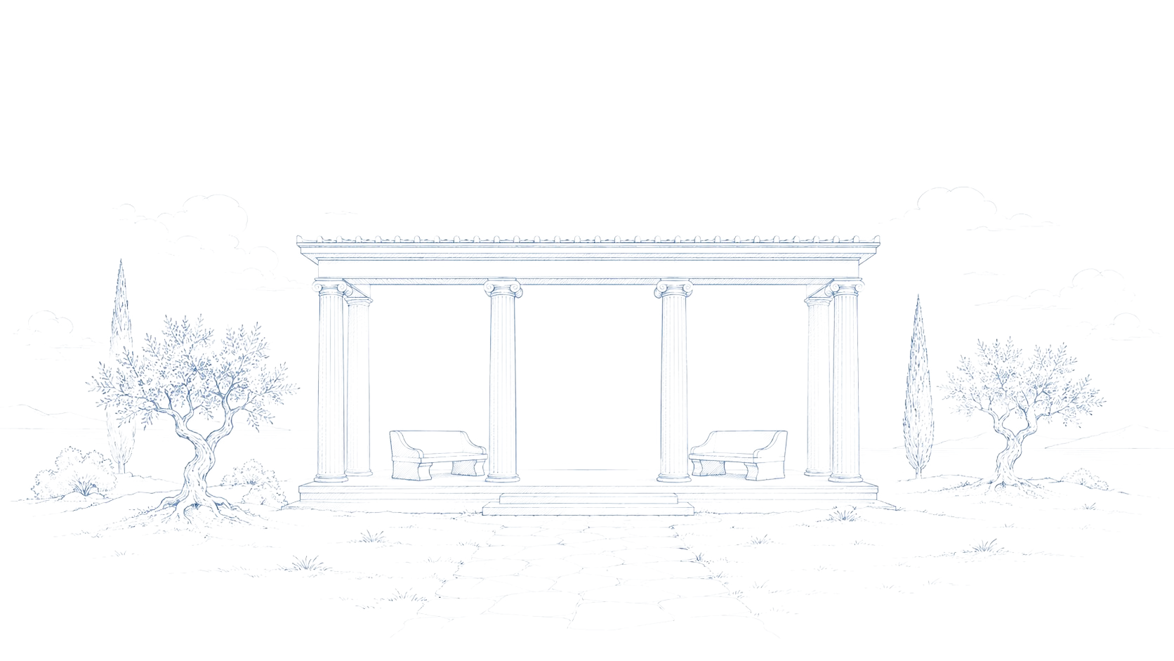 Ein griechischer Tempel mit ionischen Säulen, zwei einander zugewandte Bänke unter dem Giebel, umgeben von Olivenbäumen und Zypressen — blaue Strichzeichnung.